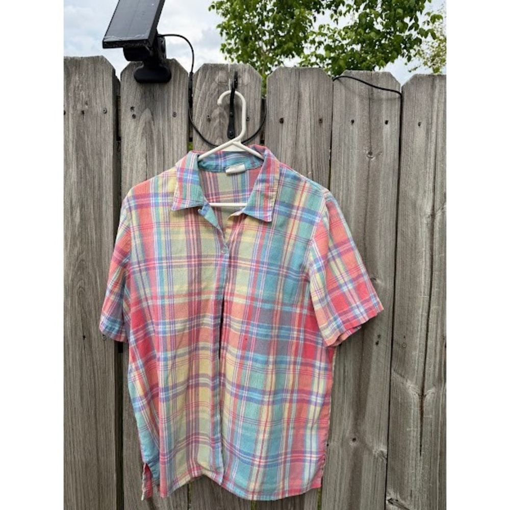 Koret Francisca Vintage Pastel Plaid Short Sleeve Button Down Shirt Pink Blue L